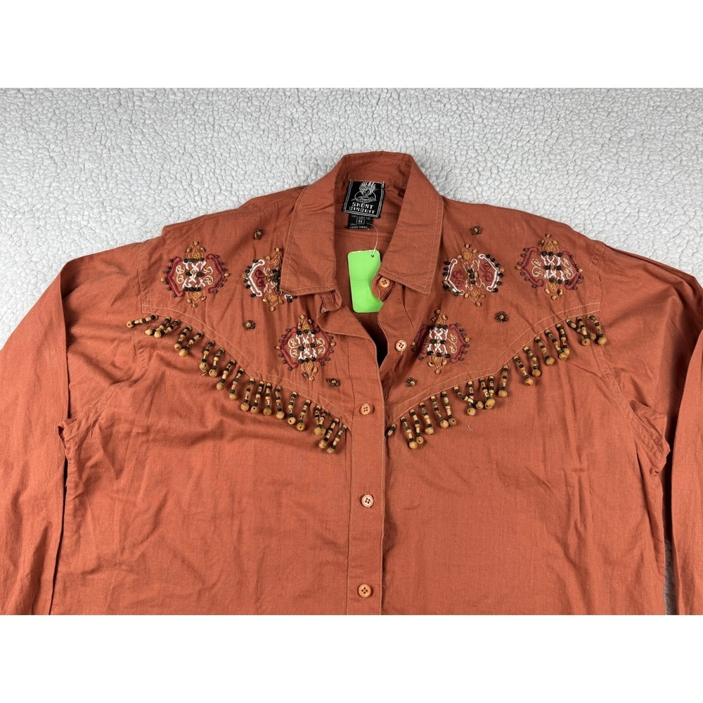 Vintage 90s Short Circuit Embroidered Beaded Western Shirt Brown Boho Medium NWT - Picture 4 of 12